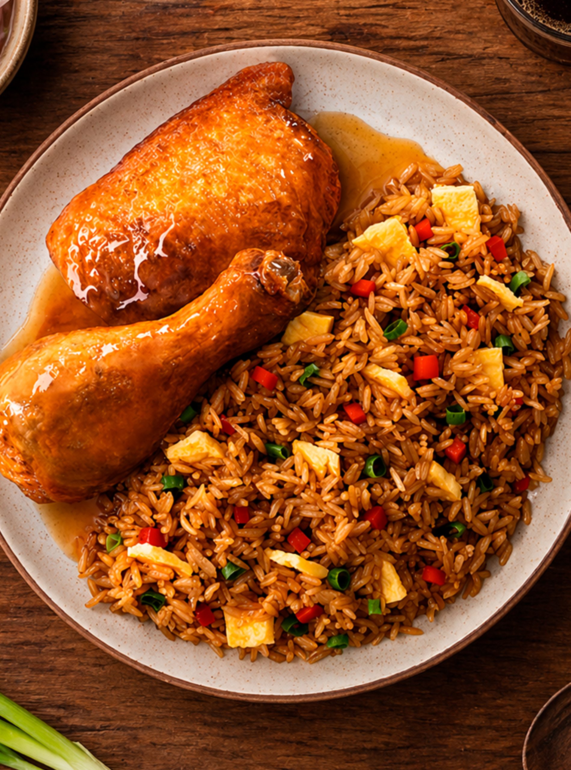 Pollo oriental Redondos con chaufa