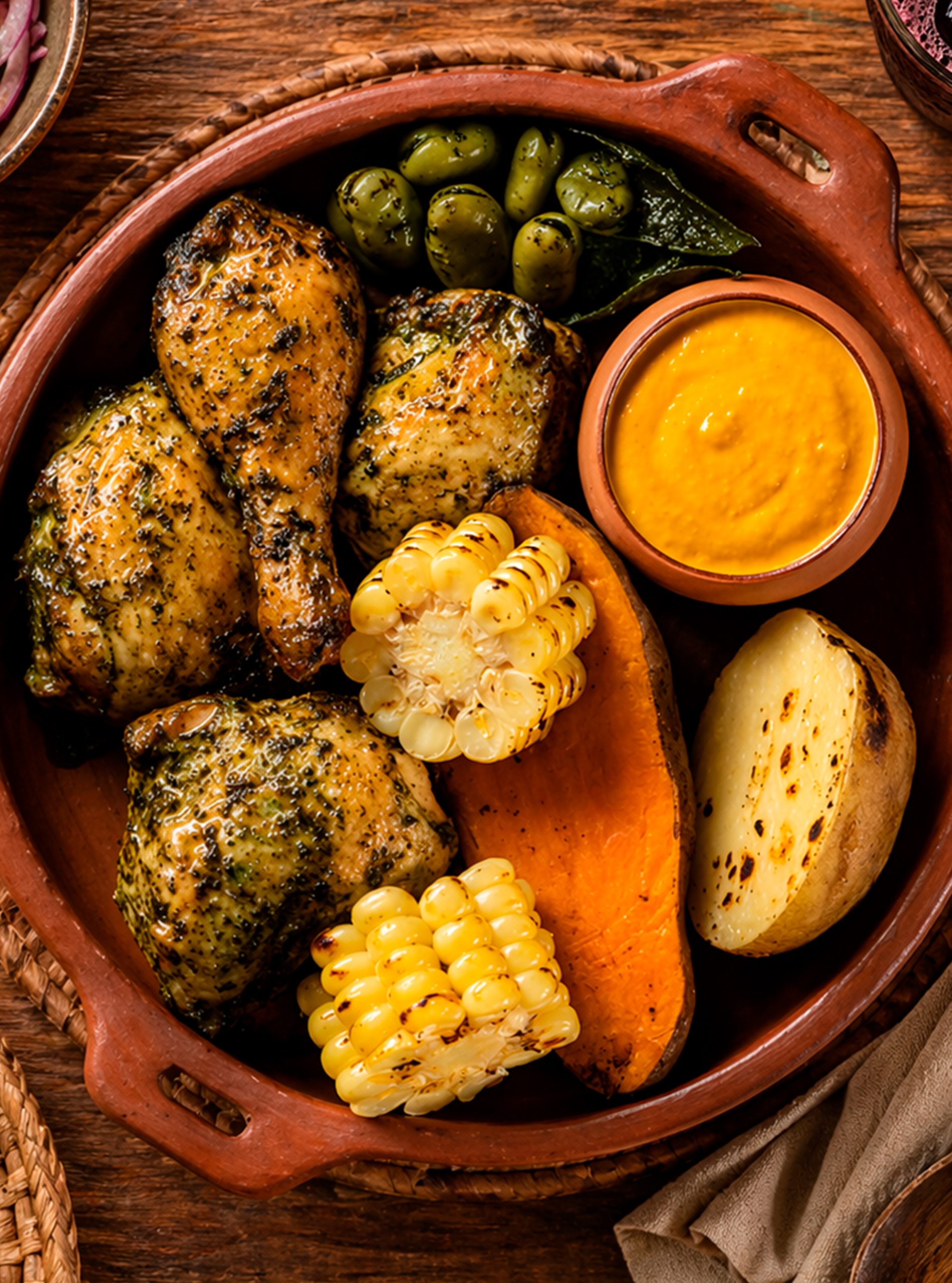Pachamanca de Pollo Redondos a la olla con salsa de huacatay