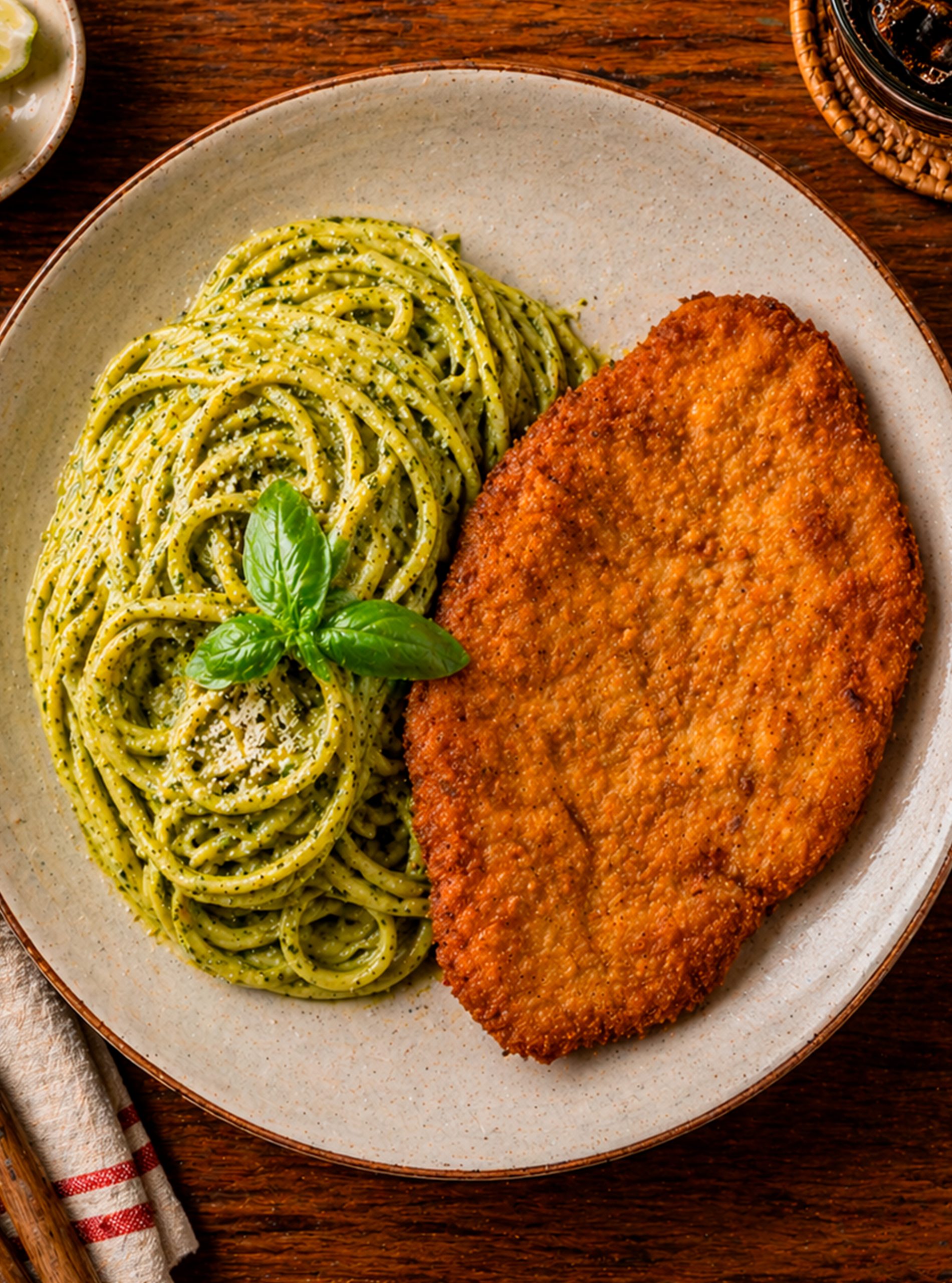 Tallarines verdes con Milanesa de Cerdo Duroc